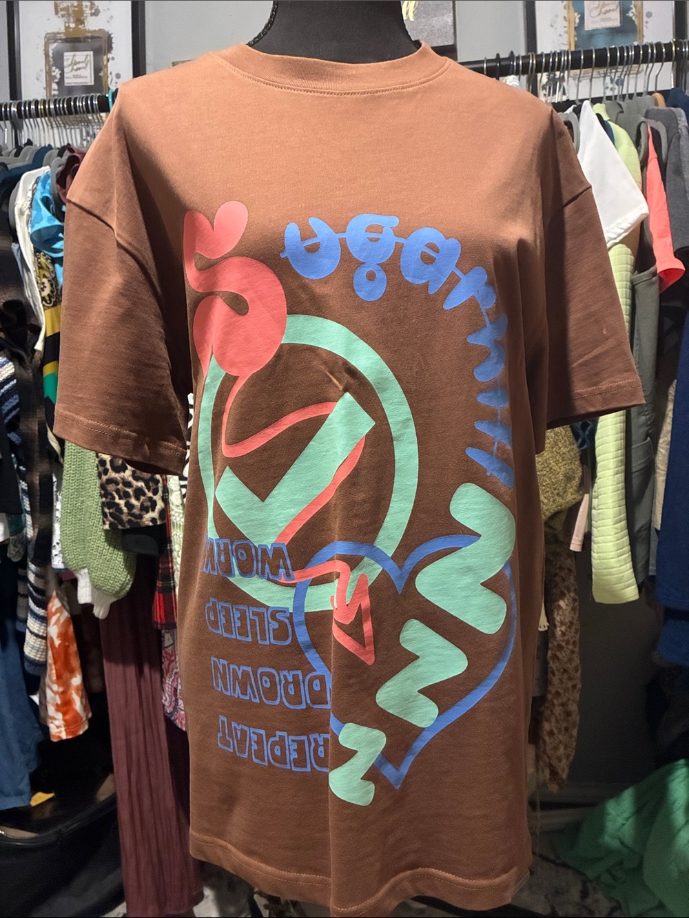 SuGarHill Brown Short Sleeve Graphic Tee with Mint & Coral Prints